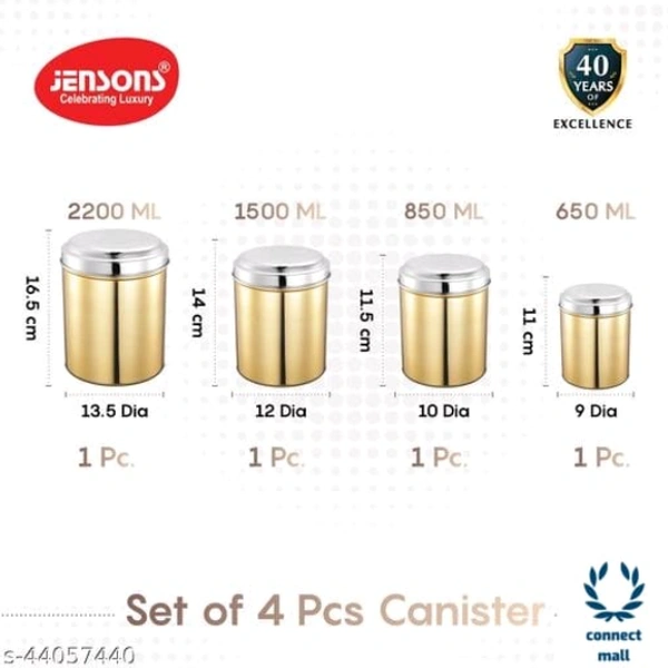 Amazing Jars & Containers - LXHXB: 13.5X16.5X13.5 cm, Gold Dust, Stainless Steel, Freezersafe, Pack of 4